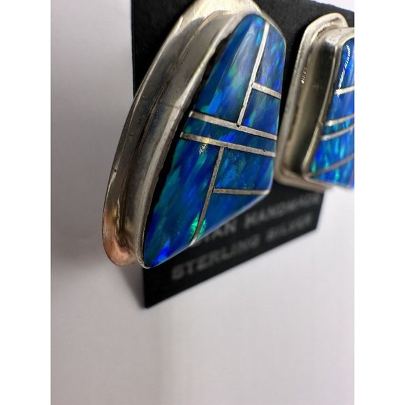 Zuni Handmade Sterling Silver 925 Signed TB Opal Inlay Post Earrings - Picture 2 of 6
